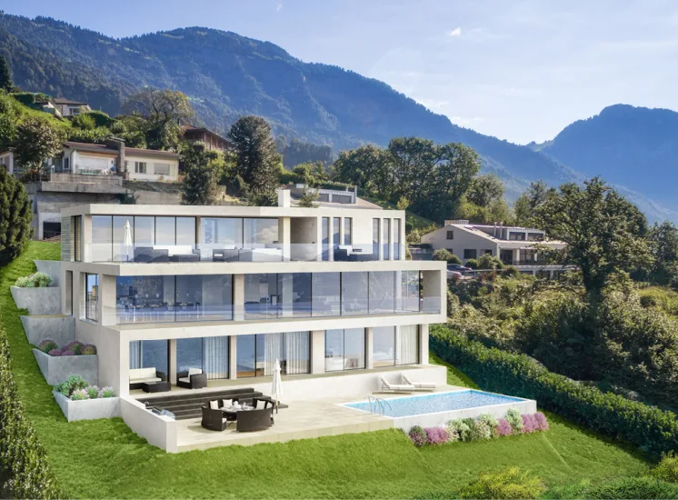 Visualisation d'une maison à plusieurs étages avec piscine.